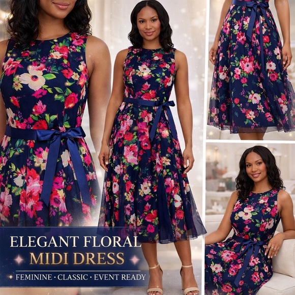 Jessica Howard Dresses & Skirts - Jessica Howard Petite Floral-Mesh Ribbon-Waist Midi Dress – Navy Multi – 4P NWT